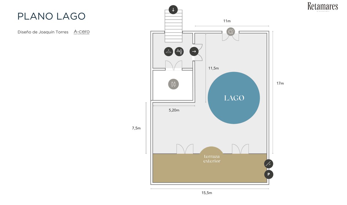 Plano técnico del salón Lago con dimensiones y distribución